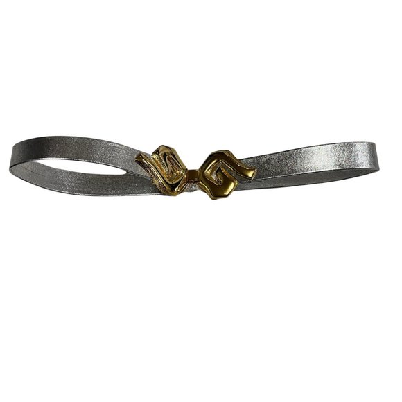 Vintage 90s Women's Silver Metallic Fashion Belt with Abstract Gold Belt Buckle - Picture 3 of 7